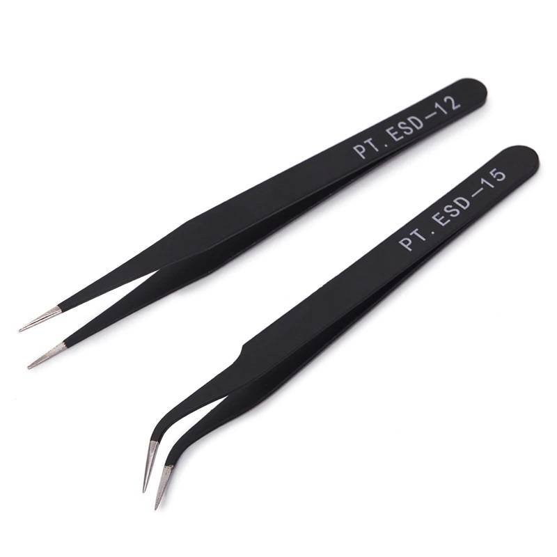 2 Pinzas Acero Inoxidable (1 recta + 1 codo) Antideslizante Herramienta Uñas Acne