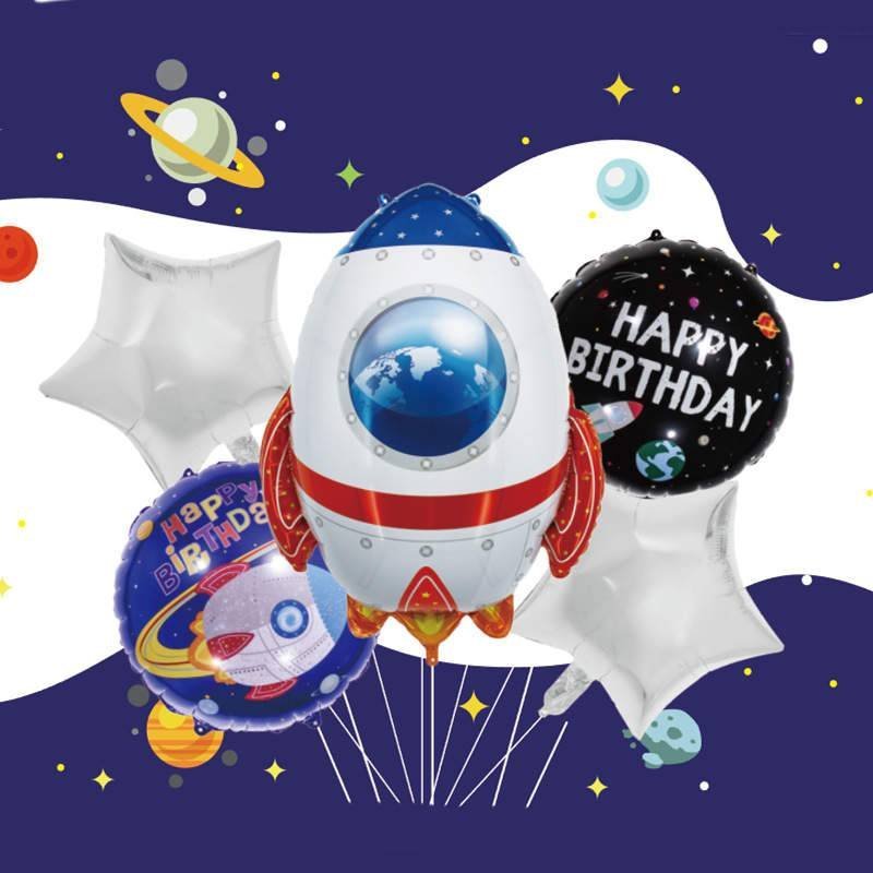 Juego 5 Globos Metálico Astronauta Nave Espacio Fiesta Modelo 1
