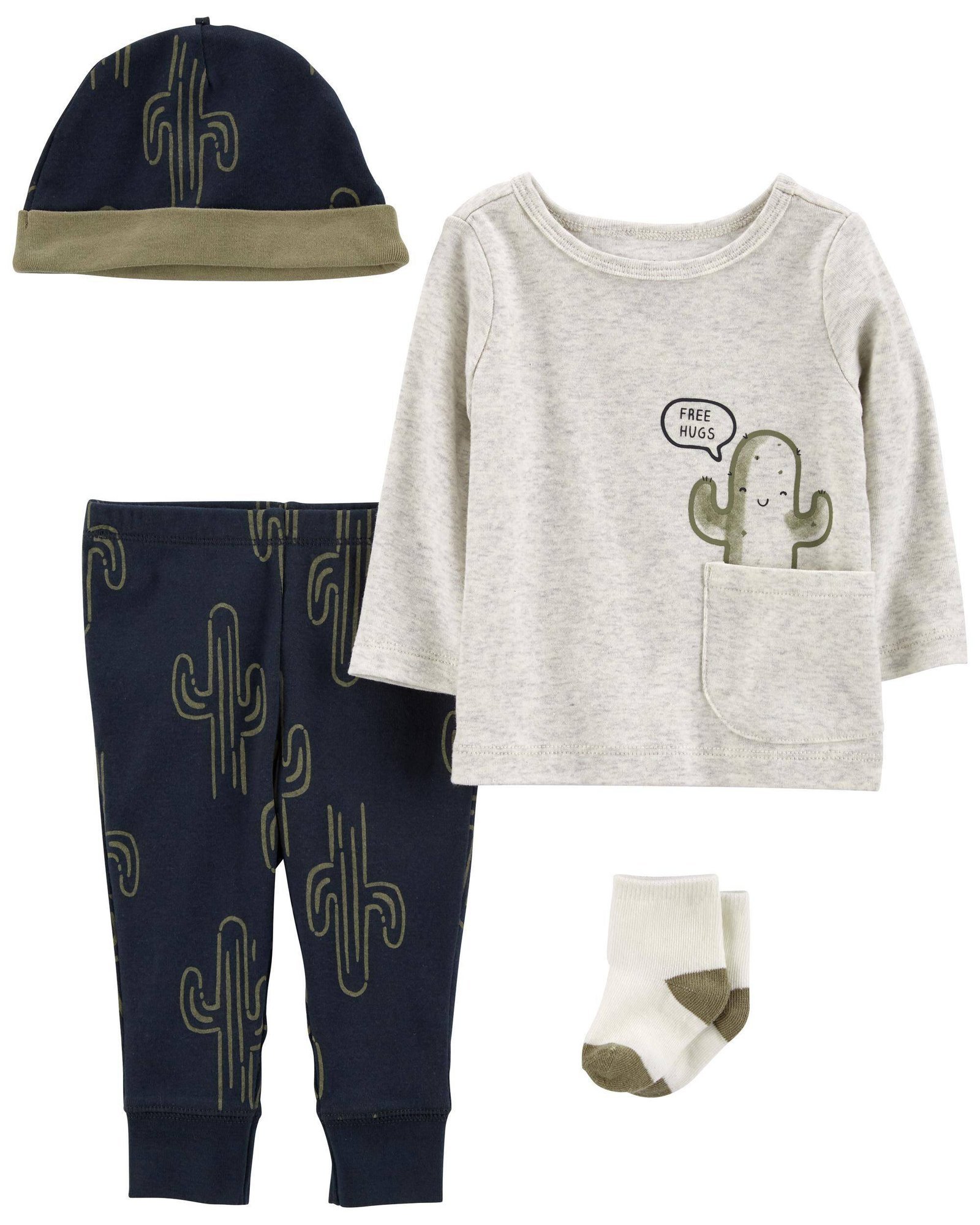 Carters Set 4 Piezas Playera Pantalon Calcetas Gorro Bebe Cactus