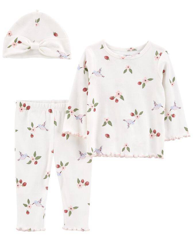 Carters Set 3 Piezas Playera Pantalon Gorro Bebe Flores