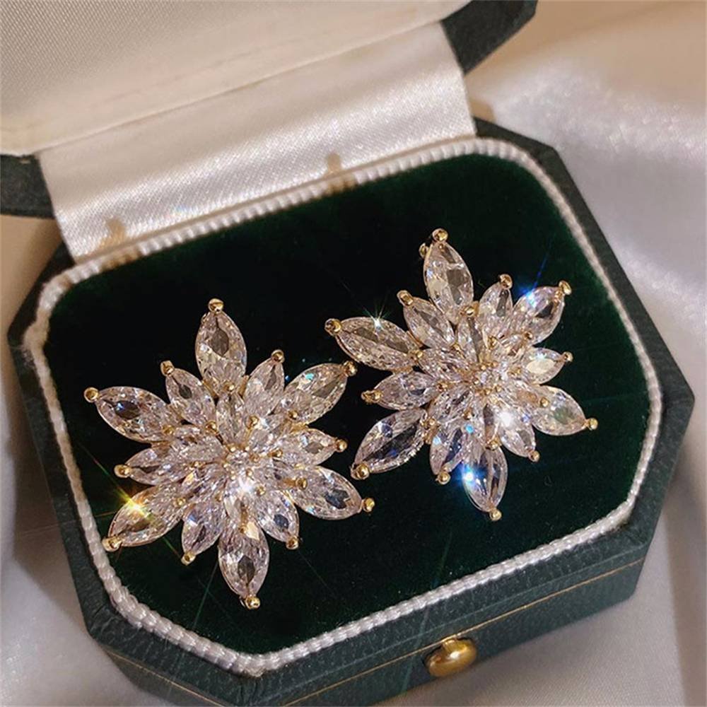 Aretes Pendientes Flor Cristal Blanco Mujer Elegante Moda Fiesta Regalo