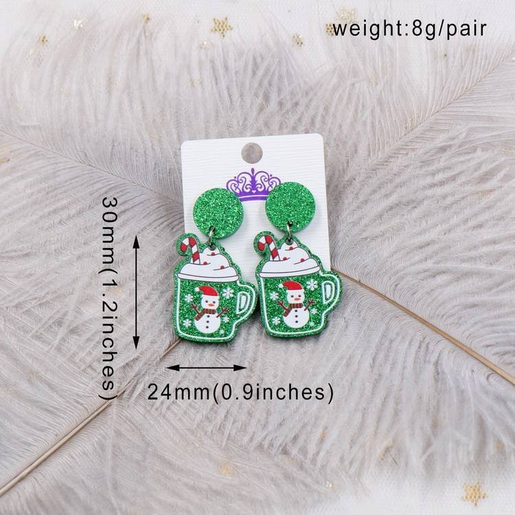 Aretes Pendientes Taza Verde Nieve Navidad Acrílicos Resina Hombre Mujer Joyería