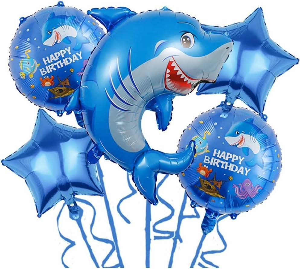 Juego 5 Globos Metálico Tiburón Azul Mar Fiesta Modelo 1