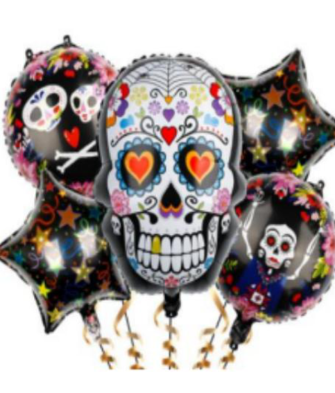 Juego 5 Globos Metálico Halloween Calavera Fiesta Modelo 2