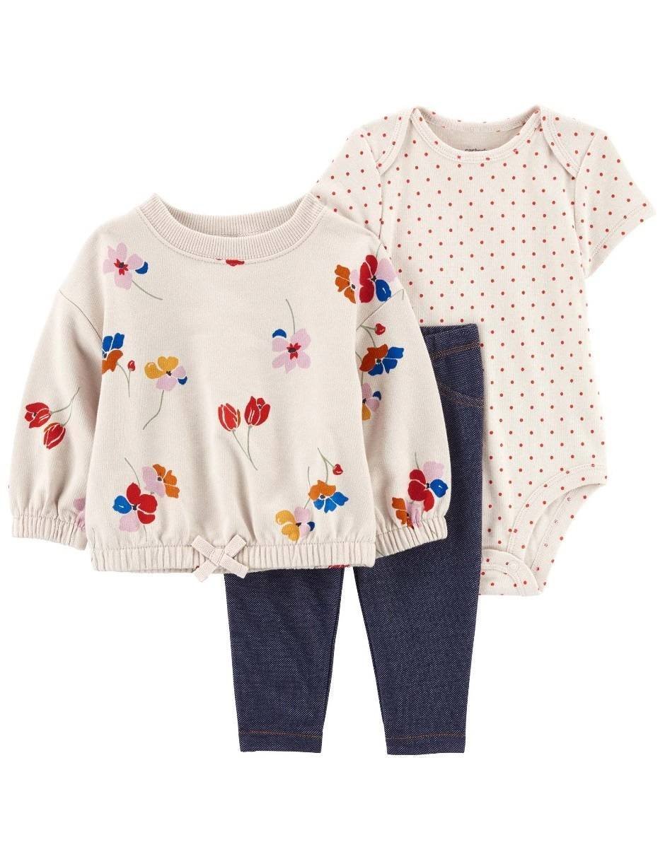 Carters Set 3 Piezas Pañalero Pantalón Bebe Floral Blanco
