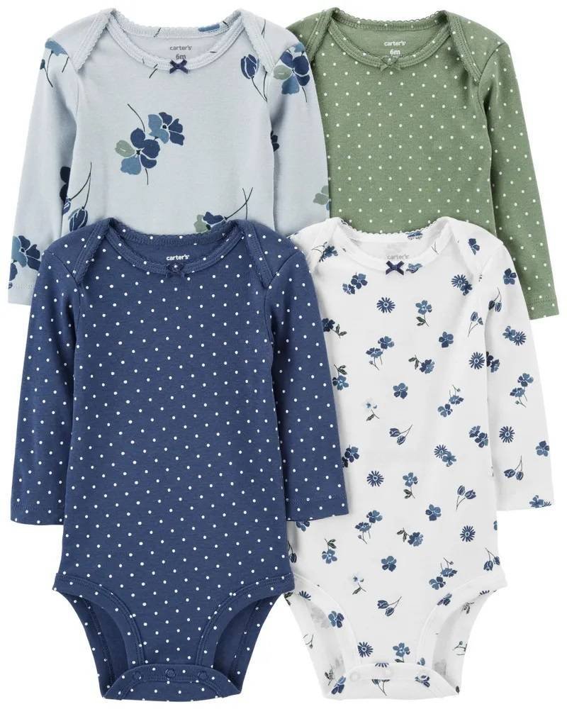 Carters Set 4 Piezas Pañalero Mamelucos Bebe Flores Azules