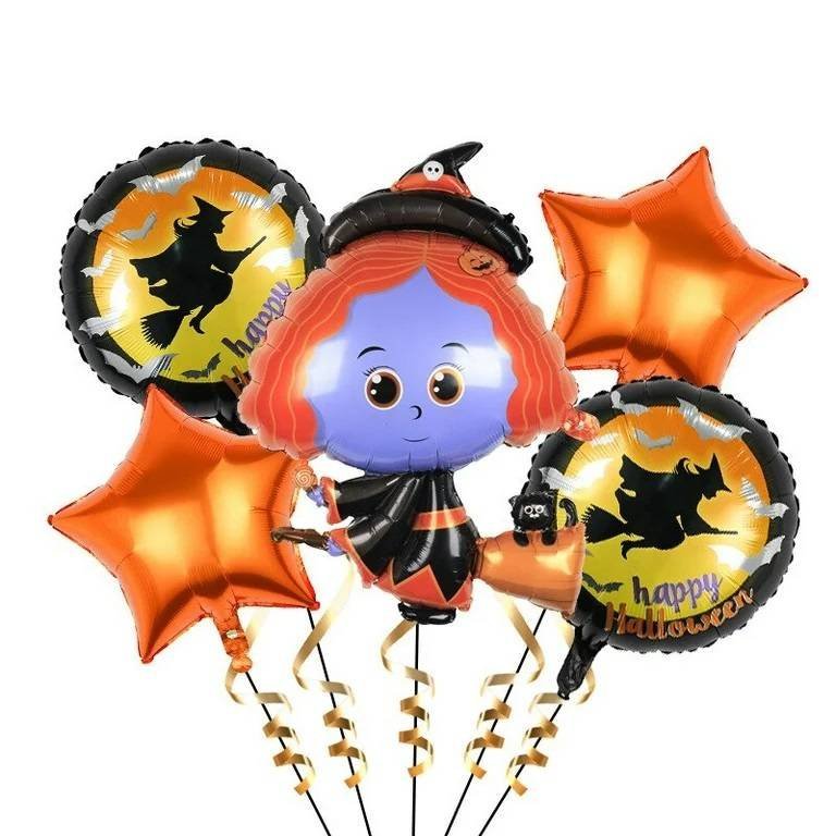 Juego 5 Globos Metálico Halloween Bruja Estrella Fiesta Modelo 1