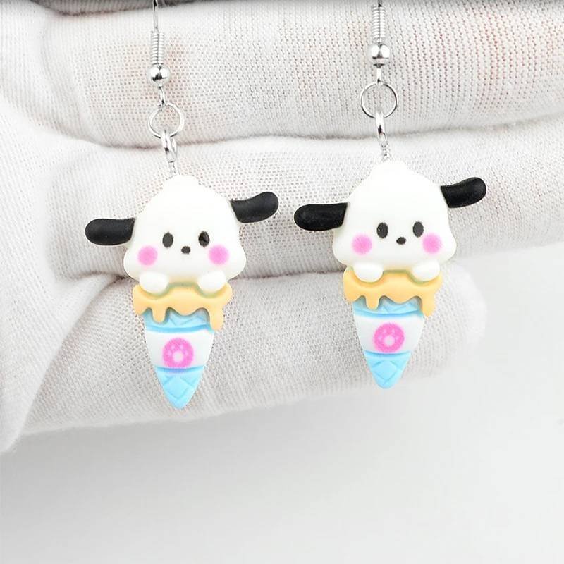 Aretes Pendientes Resina Kawaii Cono Helado Perro Blanco Anime Moda Fiesta Regalo