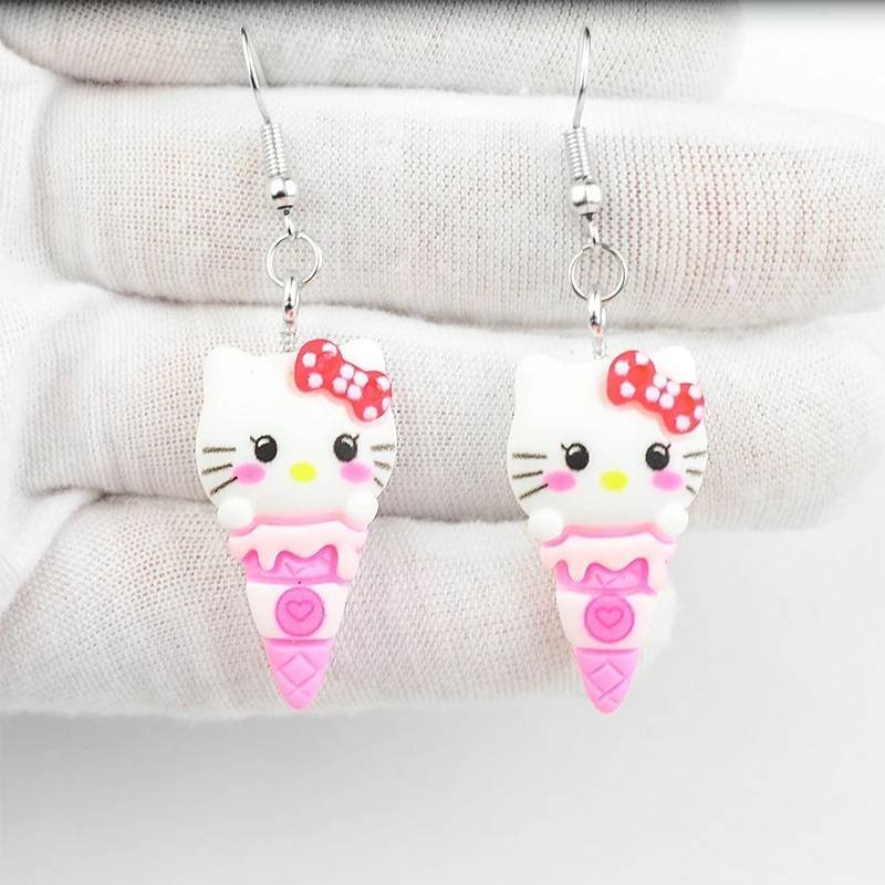 Aretes Pendientes Resina Kawaii Cono Helado Gato Blanco Moño Anime Moda Fiesta Regalo