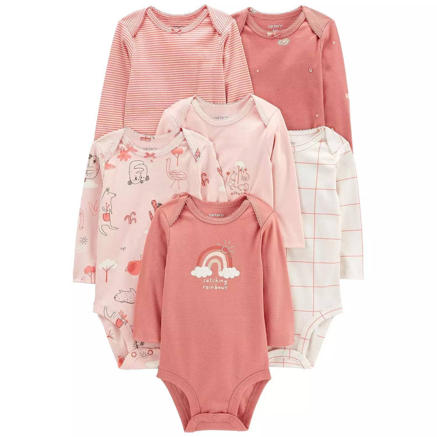 Carters Set 6 Piezas Pañalero Bebe Arcoiris Rosa Animales Manga Larga