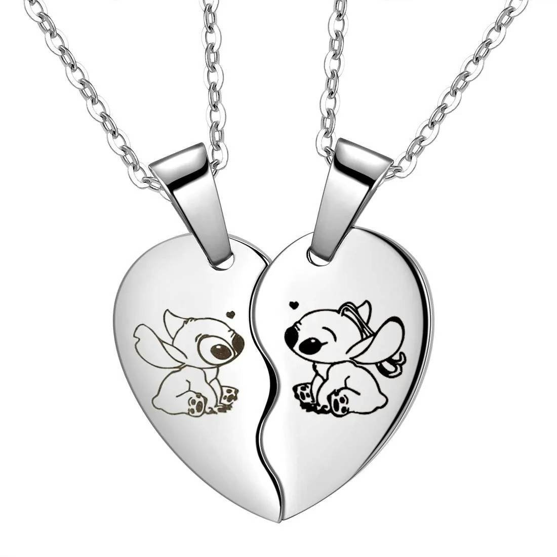 Collar Doble Colgante Pareja Corazón Amor Stitch Angel Cristal Joyería Regalos Amor