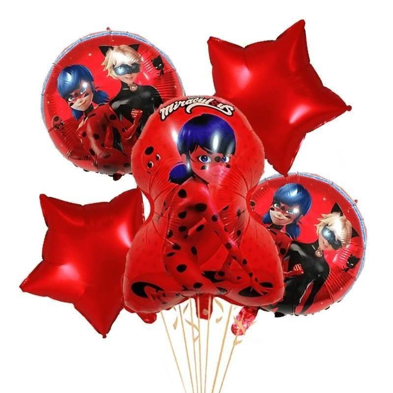 Juego 5 Globos Metálico Caricatura Miraculous Ladybug Fiesta Modelo 1
