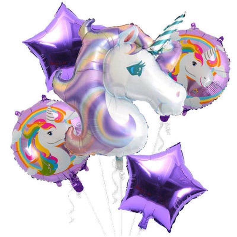 Set 5 Globos Metálico Unicornio Morado Fiesta y Decoración