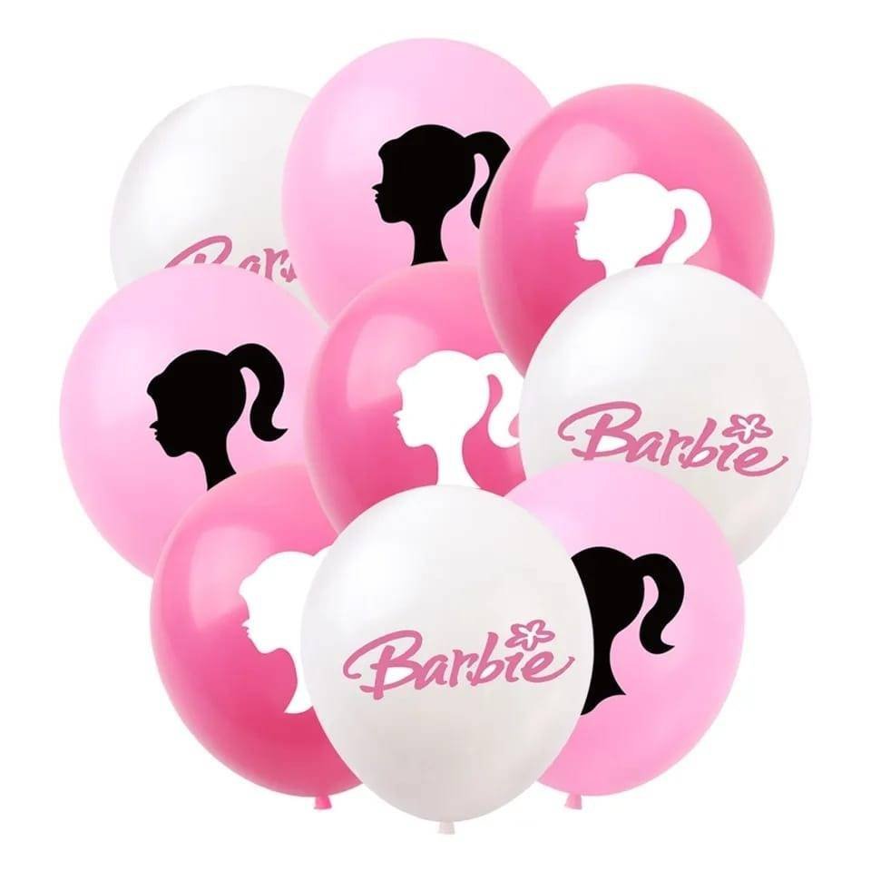 Juego 12 Globos Látex Caricatura Barbie Blanco Rosa Cumpleaños Fiesta
