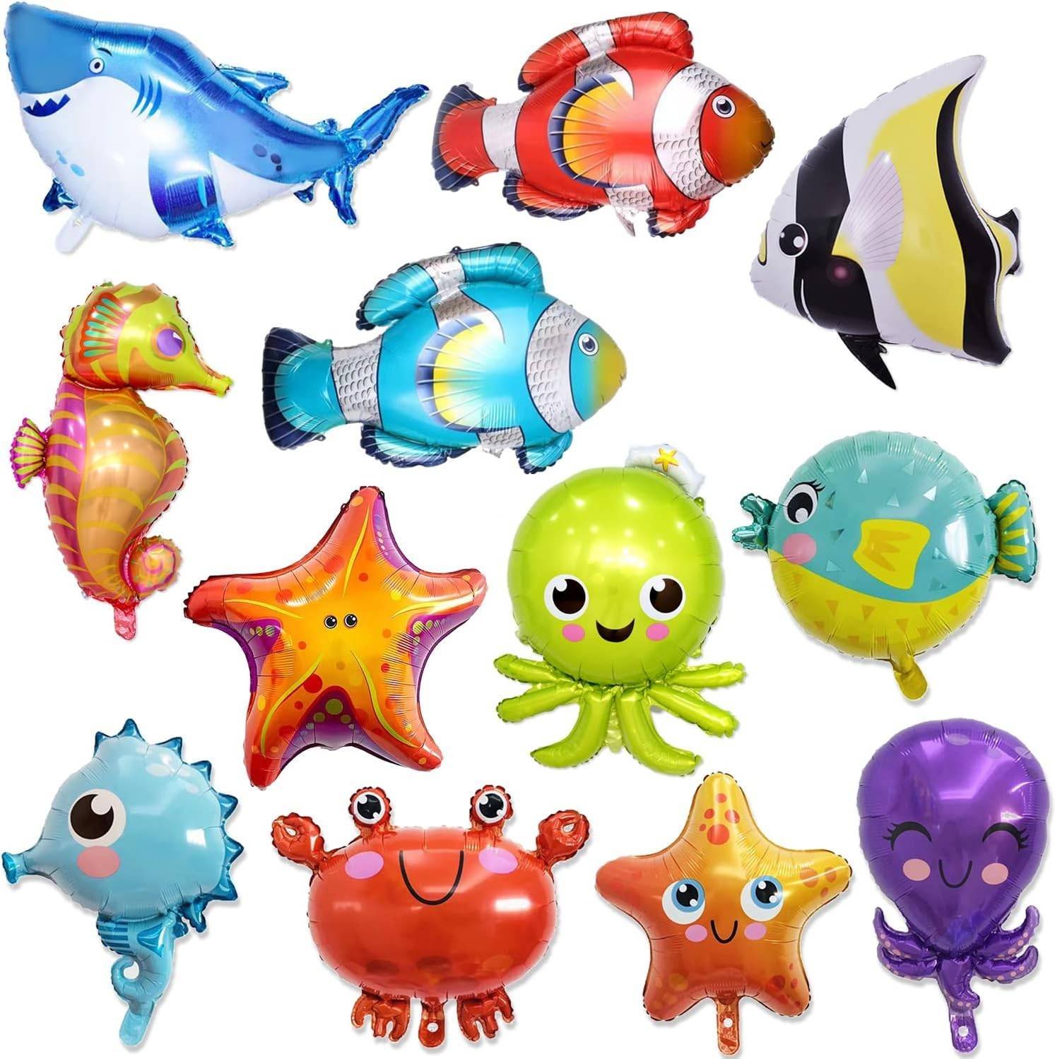 Set 12 Globos Metálicos Mar Océano Tiburon Pulpo Fiesta y Decoración
