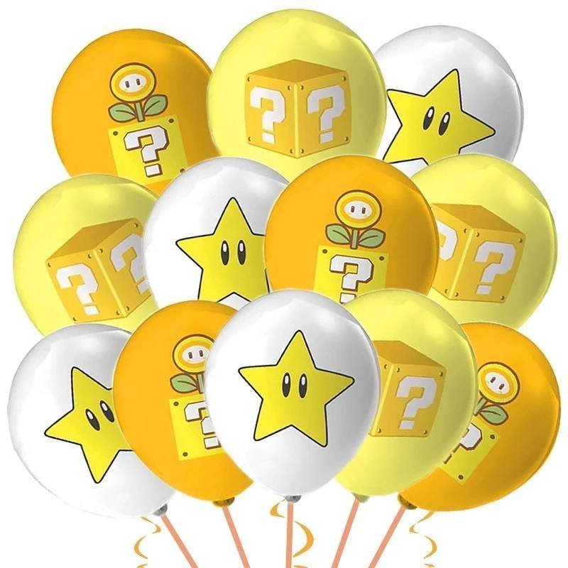 Juego 12 Globos Látex Videojuego Mario Cubo Amarillo Flor De Fuego Fiesta