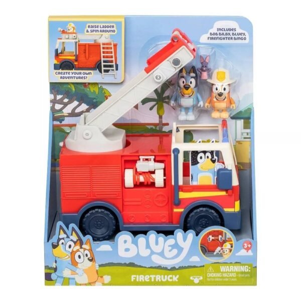 Bluey Firetruck bomberos de Bingo y Bob Bilby Levanta Escalera, Gira y Despliega la Manguera Incluye Hoja Adhesiva