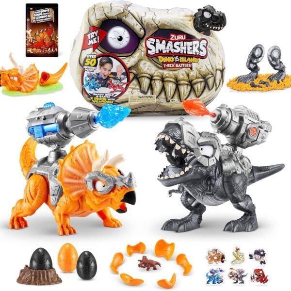 Figura Smashers Batallas T-Rex Dino Island Negra Zuru 50 Sorpresas Triceratops